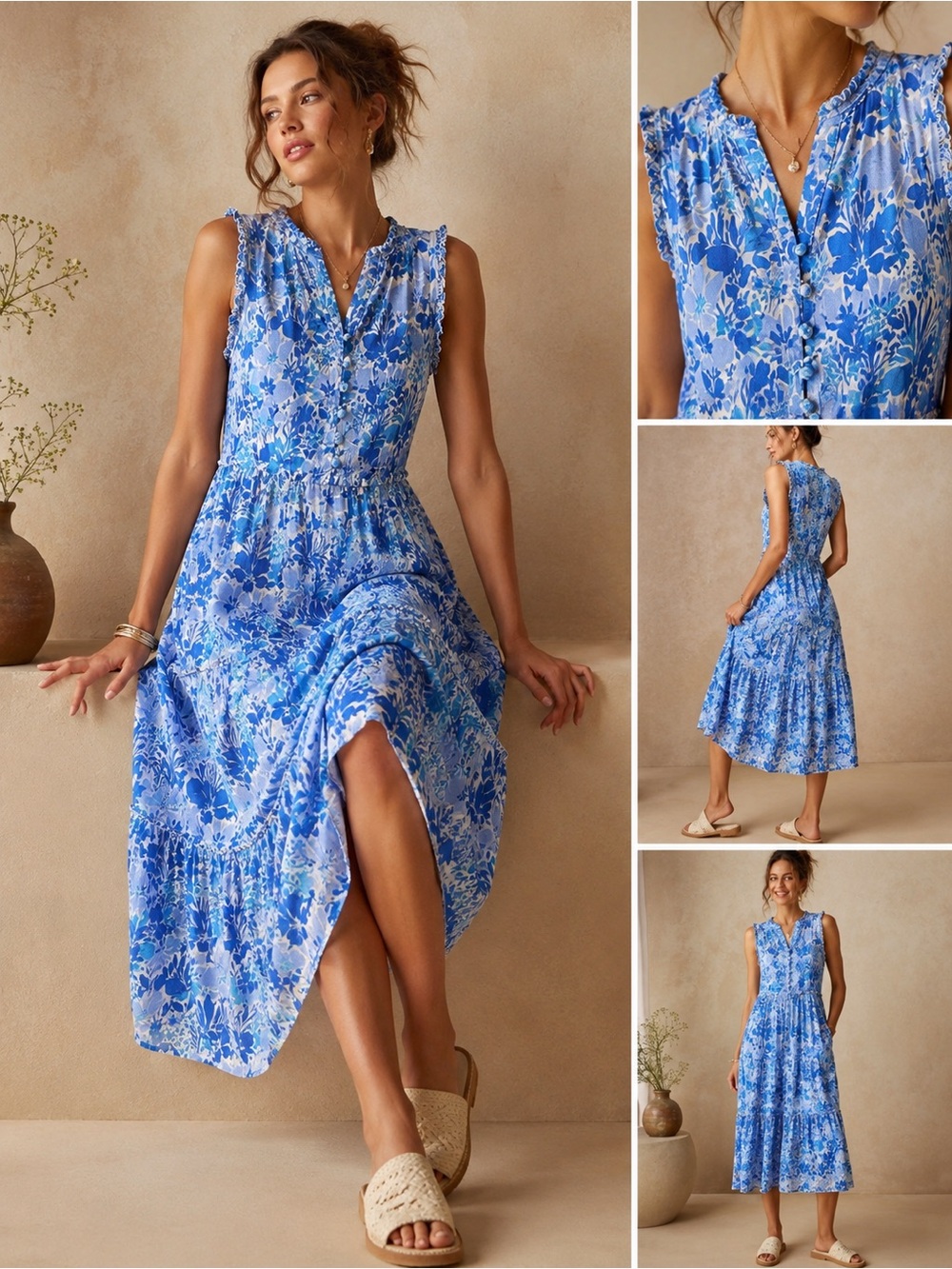 Walker & Wade Blue Floral Sleeveless Midi Dress | XS